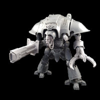 alt="volkite Chieorovile assembled and mounted on a questoris imperial knight kit, left hand view. Also pictured with alternate skull head, claw arm and gatling cannon shoulder mount"