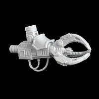 alt="Imperial Knight Armiger, resin multi part claw arm, assembled, right hand side view, jaws closed"
