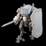 alt="imperial knight armiger model kit assembled with breach shield and combat arm with attached sword and skull head"