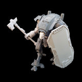 alt="imperial knight armiger model kit assembled with breach shield and combat fist carrying the power hammer. looking left and ready to strike"