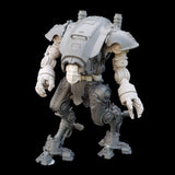 alt="imperial knight armiger model kit assembled with two combat fists, posed looking to its left. Also assembled with a skull head and waist riser"